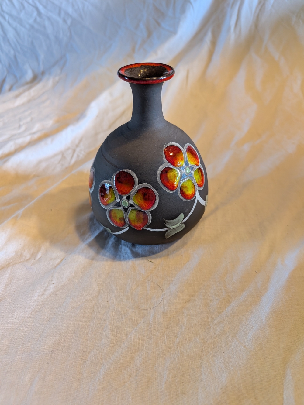 2/60$ Vintage Matte Black Vase with Red and Yellow Floral Motif